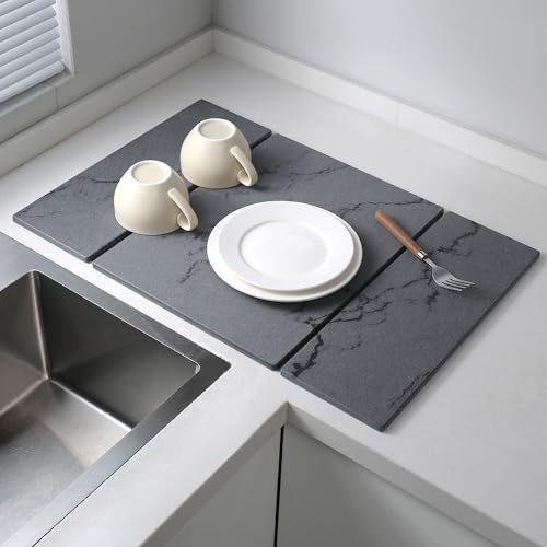 Stone Drying Mat for Kitchen Counter,Foldable (Gray (3-fold), 24" × 16") | Large Quick-Dry Diatomaceous Earth Dish Drying Mat with PU Non-Slip Base,for Bottles Cups Dishes - color: Gray (3-fold)