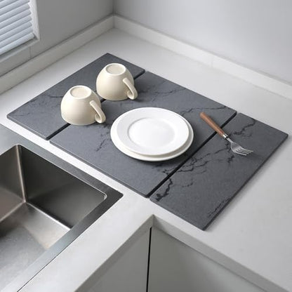Stone Drying Mat for Kitchen Counter,Foldable (Gray (3-fold), 24" × 16") | Large Quick-Dry Diatomaceous Earth Dish Drying Mat with PU Non-Slip Base,for Bottles Cups Dishes - color: Gray (3-fold)