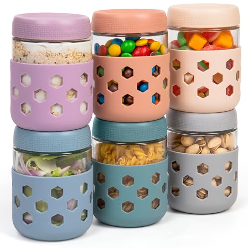 Gemice 6-Pack 16oz Glass Mason Jars with Silicone Sleeves, Airtight BPA-Free Overnight Oats Containers with Lids, Dishwasher Safe Leak-Proof Meal Prep Jars for Chia Pudding, Yogurt, Snacks - color: Retro Pastel, size: 16oz, 6-Pack