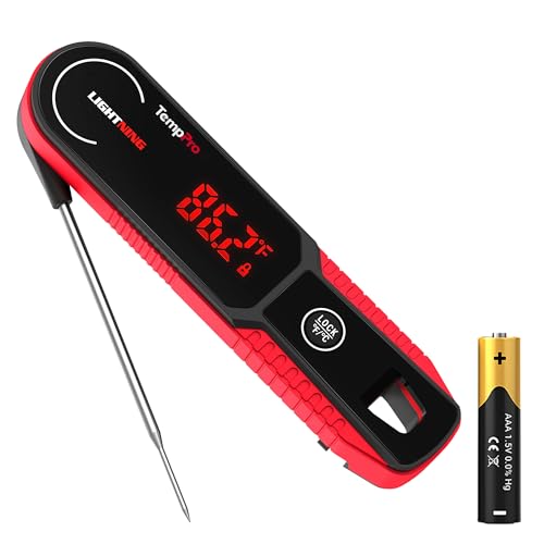TempPro Lightning 1-Sec Instant Read Meat Thermometer, Kitchen Food Thermometer with 180° Rotating Display, IP67 Waterproof Cooking Thermometer for Deep Fry Smoker BBQ Grill (Previously ThermoPro) - color: Red