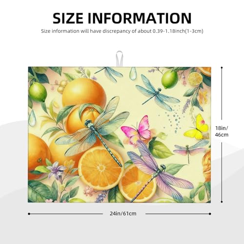 Kitchen Drying Mat for Countertop Citrus Dragonfly Botanical Pattern Non-Slip Kitchen Counter Mat for Dishes Glassware - color: Orange Yellow