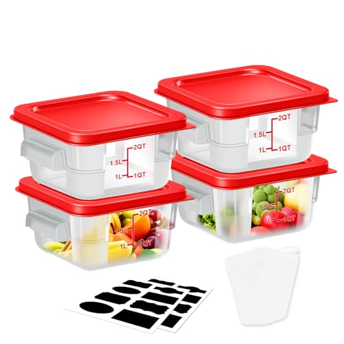 Square Storage Container with Lid, Commercial Box with Measurement Marks & Handle, for Baking, Dough Proofing, Meat Brining, Kitchen Tool (Red, 2QT-4PACK) - size: 2QT-4PACK