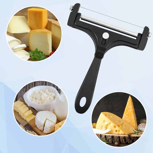 Cheese Slicer Kit, Stainless Steel Adjustable Thickness Iron Handheld Block Cheese Plane with 8 Extra Wires Charcuterie Cutter Curler Shaver Knife Board Accessories for Mozzarella Cheddar(Black)