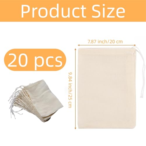 Large Size Natural Cotton Muslin Drawstring Bags,Reusable Tea Bags for Loose Leaf Tea/Spice Bags for Cooking Soup/Herb/Cooking -Small Cotton Cheese Cloth Bag for Straining (7.9x9.8") - size: 7.9x9.8"