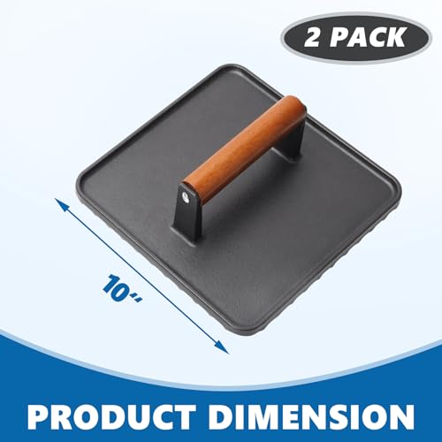 SafBbcue 10" Square Cast Iron Burger Press Smash Burger Griddle Weight Press for Blackstone, Pitboss, Camp Chef Flat Top Grills Accessories, Bacon Press for griddle for Grill Cooking Accessories, 2PCS - style: 10In Press x2
