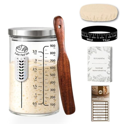34Oz Sourdough Starter Jar Kit with Date Band, Thermometer & Wooden Spurtle Glass Sourdough Starter Container, Homemade Bread Fermentation Jar Kit