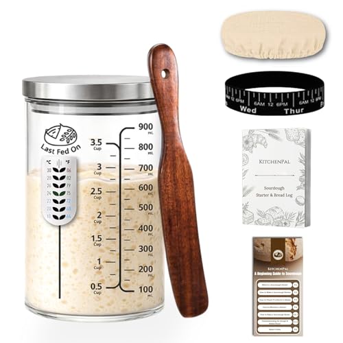 34Oz Sourdough Starter Jar Kit with Date Band, Thermometer & Wooden Spurtle Glass Sourdough Starter Container, Homemade Bread Fermentation Jar Kit