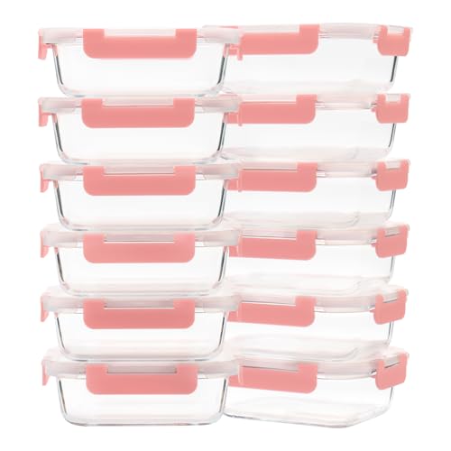 GULFLIN Glass Meal Prep Containers 12-Pack, 22oz Glass Food Storage Containers with Lids, Air-Tight, Leak-Resistant, Freezer to Microwave Safe-Pink Set - color: 22oz,12 Pack-Pink Set,Same Size