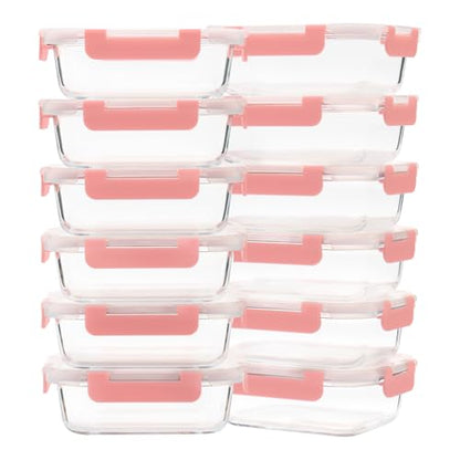 GULFLIN Glass Meal Prep Containers 12-Pack, 22oz Glass Food Storage Containers with Lids, Air-Tight, Leak-Resistant, Freezer to Microwave Safe-Pink Set - color: 22oz,12 Pack-Pink Set,Same Size