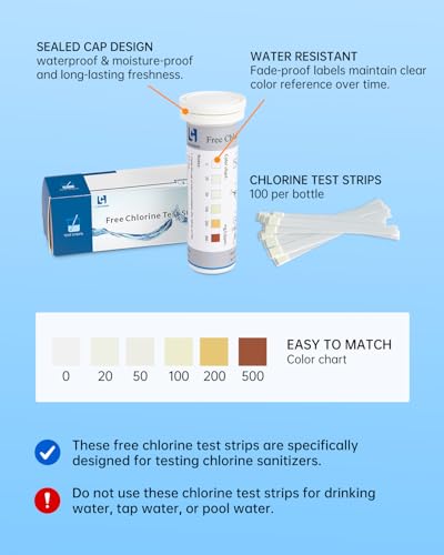 0-500 ppm Chlorine Test Strips for Restaurant Sanitizer Test Kit, 100 Strips per Vial, Bleach Test Strips, Testing Kit for Food Service, Bars, Hotels, Kitchen Supplies, Food Trucks, Daycare, Factory
