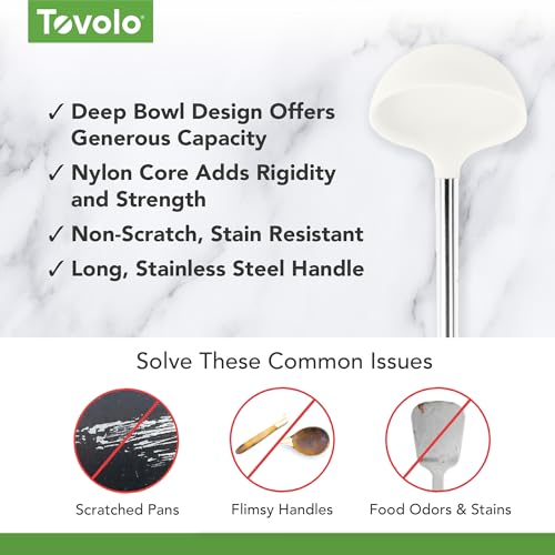 Tovolo Silicone Ladle With Stainless Steel Handle Deep Soup Ladle for Cooking Canning Serving Soup Punch Stew Sauce, Large Kitchen Utensil Spoon Dishwasher Safe BPA Free Silicone White - color: White