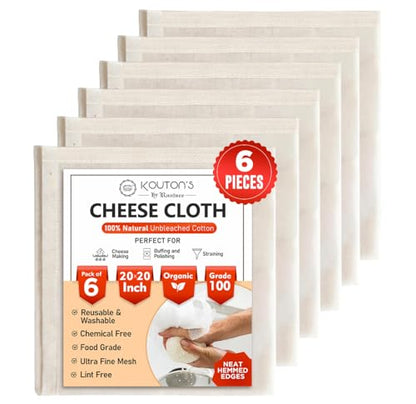 Raajsee Cheese Cloths 6 pcs Hemmed 20x20 inch Reusable 100% Unbleached Organic Cheesecloth for Straining Craft, Grade 100 Ultra Fine Muslin Cloth For Turkey Baking Juicing Brewing Yogurt Strainer - size: 20x20 inch 6 Pcs