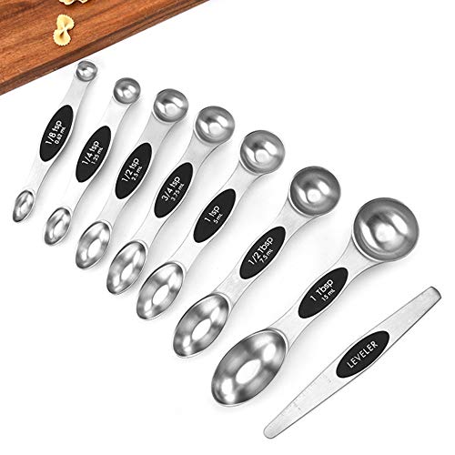 Warmheart Measuring Cups and Magnetic Measuring Spoons Set, Stainless Steel 5 Cups and 7 Spoons and 1 Levele (Black)