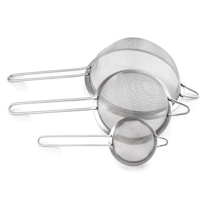 BergHOFF 3Pc Essentials 18/8 Stainless Steel Fine Mesh Strainers, Long, Ergonomically Designed Handle, Dishwasher Safe
