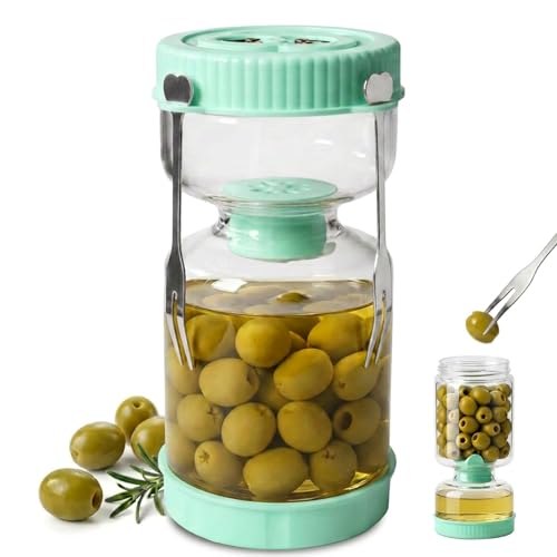 Pickle Jar with Strainer Flip, Pickle Container with Strainer with Two Forks, Airtight Glass Pickle Jar for Fermentation, Olive Jar with Date Tracker Lid, Jalapeno Container with Gas Port (Green) - color: Green