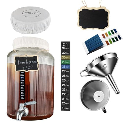 1.5 Gallon Glass Brew Jar Kit for Kombucha & Jun - With Stainless Steel Spigot, pH Test Strips, Temperature Strip, Cloth Cover, Funnel with Filters | Perfect for Continuous Brewing - style: Kombucha Brew Kit with 1.5gallon Jar