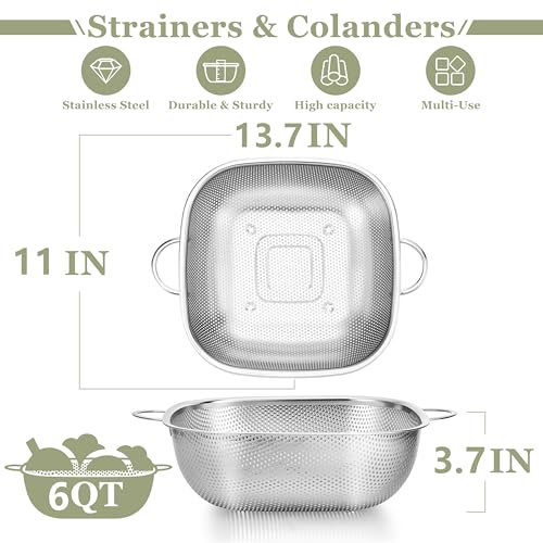 E-far 6QT Stainless Steel Colander with Handle - Square Metal Kitchen Strainer for Pasta & Vegetable Draining, Micro-Perforated & Elevated Feet, Dishwasher Safe - size: 6QT