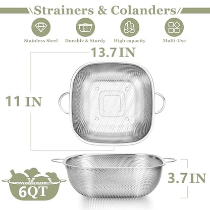 E-far 6QT Stainless Steel Colander with Handle - Square Metal Kitchen Strainer for Pasta & Vegetable Draining, Micro-Perforated & Elevated Feet, Dishwasher Safe - size: 6QT