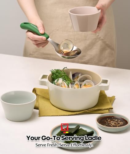 Short Stainless Steel Ladle 220mm (8.6”) – SUS304 Thick Deep Bowl Head with Soft-Grip Silicone Handle – Lightweight Mini Soup & Serving Spoon for Cooking – 5 Color Options (Green) - color: Green