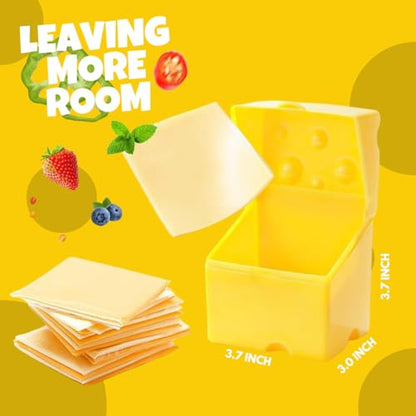 Cheese Container for Refrigerator, Sliced Cheese Container - BPA Free Plastic, Yellow, 3.7x3.7x3.7 inches, Holds 20-26 Slices, Playful Cow Design