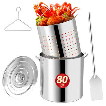 80QT Seafood Boil Pot with Detachable Paddle, Stainless Steel Stock Pot | Crawfish Boil Pot with 60QT Basket, Lid & Lifting Hook, Perfect for Outdoor Crab, Lobster & Shrimp Boils - style: 80QT+Mixing Paddle