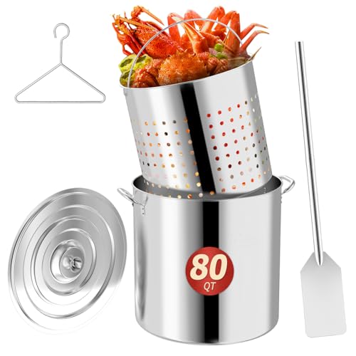 80QT Seafood Boil Pot with Detachable Paddle, Stainless Steel Stock Pot | Crawfish Boil Pot with 60QT Basket, Lid & Lifting Hook, Perfect for Outdoor Crab, Lobster & Shrimp Boils - style: 80QT+Mixing Paddle