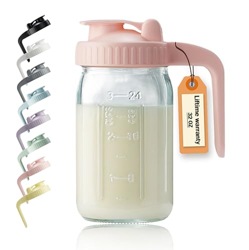 32oz Glass Pitcher with Lid & V-shaped Pour Spout - 1 Quart Breastmilk Pitcher Double Leak Proof, Creamer Container for Sun Tea, Juice, Cold Brew Coffee, Breastmilk Storage Container - color: Pink, size: 32 Ounces