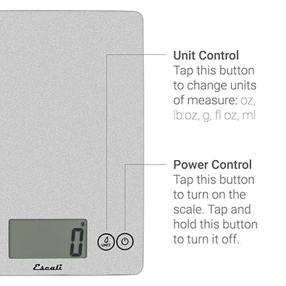 Escali Arti Glass Food Scale Digital Countertop Kitchen, Baking and Cooking Scale with Nutrition and Calorie Counter, 15-Pound Capacity, 9" x 6.5" x .75", Shiny Silver - color: Shiny Silver