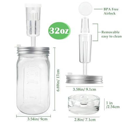 32 oz Mason Jar Fermentation Kit, 2 Pack Fermentation Jars, Fermentation Lids, Fermenting Weights and Airlocks, Complete Fermenting Kit for Making and Storing Sauerkraut（Pack of 2）