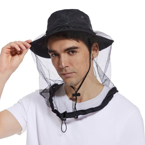 Mosquito Head Net Hat UPF 50+ Sun Protection Bug Hat for Men Women | Sun Visor Style, Perfect for Safari, Hiking, Beekeeping, Camping & Gardening - color: Black