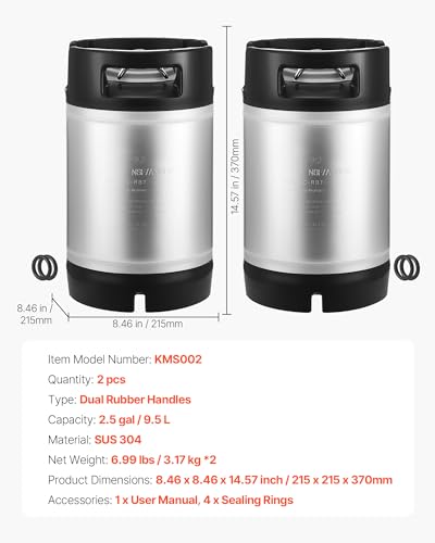 VEVOR Corny Keg, 2.5 Gallon Ball Lock Keg, SUS304 Cold Brew Kegs with Dual Rubber Handles & Heavy-Duty Rubber Bottom, Brewing Equipment for Home Brewing Party, 2 PCS - size: 2.5 Gal*2 - Corny Keg