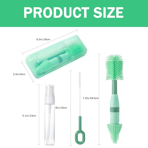 Travel Bottle Brush, 6-in-1 Portable Travel Bottle Cleaner Kit with Small Bottle Brush Built in Drying Rack, Nipple Brush, Straw Brush, Soap Dispenser, for Baby Bottles Under 8 OZ, BPA-Free(Green) - color: Green