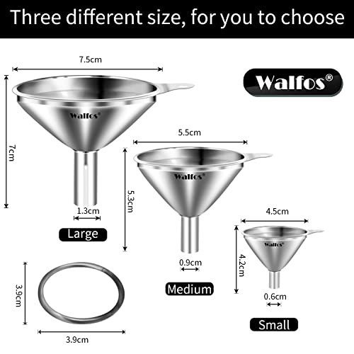 WALFOS Mini Stainless Steel Funnels, Multi-use Small Kitchen Funnel Set, for Transferring Liquid, Fluid, Essential Oils, Powder,Tiny Spices,Long-Lasting and Dishwasher Safe (3 in、2.2 in、1.7in) - color: 3pcs funnel 7.5+5.5+4.5 cm