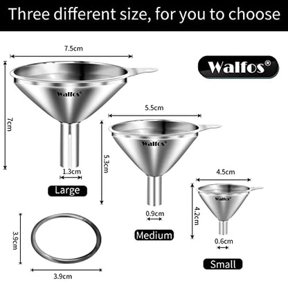 WALFOS Mini Stainless Steel Funnels, Multi-use Small Kitchen Funnel Set, for Transferring Liquid, Fluid, Essential Oils, Powder,Tiny Spices,Long-Lasting and Dishwasher Safe (3 in、2.2 in、1.7in) - color: 3pcs funnel 7.5+5.5+4.5 cm