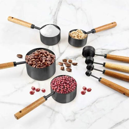 Black Measuring Cups and Spoons Set,8 Piece Stainless Steel Measuring Cup with Wood Handles for Cooking and Baking in the Kitchen - color: Black