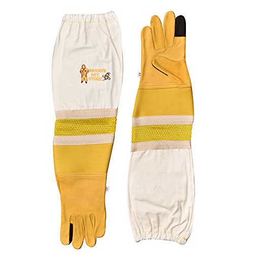 Massive Bee Cowhide Beekeeping Ventilated Cowhide Leather Gloves Yellow Rubber Cuff Then Yellow Mesh with Off white jeans - color: Touchscreen Gloves, size: XX-Large