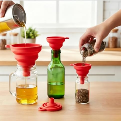 4 Pack Silicone Collapsible Kitchen Funnel for Water Beer Oil Filling Bottles ，Foldable Silicone Funnel Set – Collapsible Small & Large Funnels, Water Bottles & Liquid Transfer – Food Grade（red） - color: red