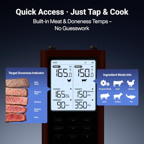 ThermoMaven 3000FT Wireless Meat Thermometer, No App Needed, 2 Probes | Sub-1G Long Range, Digital Smart Base, 6 Sensor NIST Accuracy, IPX8, BBQ Smoker Grill Oven Brisket Steak Turkey Pork Roast - color: Red