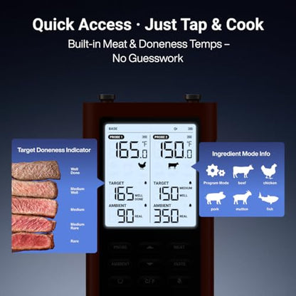 ThermoMaven 3000FT Wireless Meat Thermometer, No App Needed, 2 Probes | Sub-1G Long Range, Digital Smart Base, 6 Sensor NIST Accuracy, IPX8, BBQ Smoker Grill Oven Brisket Steak Turkey Pork Roast - color: Red