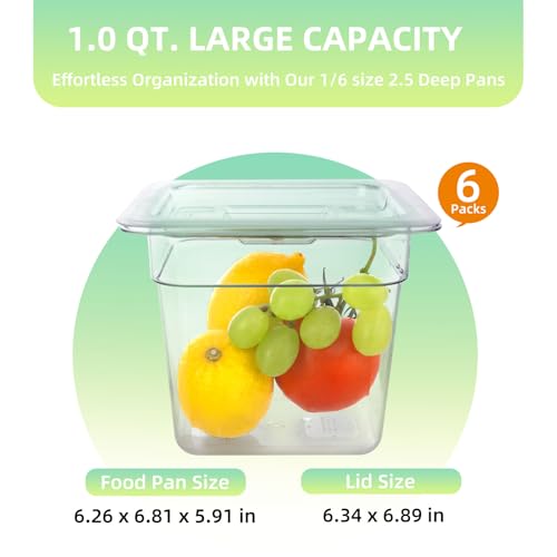 6 Pack 1/6 Size Food Pan with Lids,Stackable Freezer-Safe Meal Prep Containers for homes schools restaurants hotels -40°F to 212°F (1/6 size 6 inch deep, 2.22L/2.35QT) - size: 1/6 size 6 inch deep