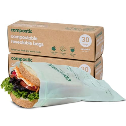 Compostic Compostable XL Sandwich Bags (60 Count) Starter Pack — Resealable Zip-Seal, Plant-Based, Home Compostable, Freezer & Microwave Safe, BPA-Free, Non-Toxic, GMO-Free Food Storage Bags - size: 60 Count, style: Sandwich