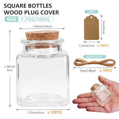 12Pcs 1.7oz Mini Glass Bottles, 50ml small Bottle, Jars with Wood Cork Stoppers, Wish Bottles, Message Bottle for Wedding Favors, Baby Shower Favors, DIY Craft (12)