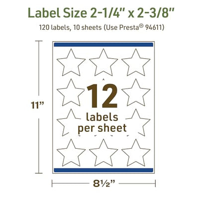Avery Dissolvable Star Labels, Sure Feed Technology, 2-1/4" x 2-3/8", Matte White, Print-to-The-Edge, Laser/Inkjet Printable, 120 Labels Total - style: 120 labels