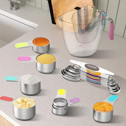 Measuring Cups and Spoons Set for Cooking & Baking, 5 Stainless Steel Magnetic Measuring Cups, 3 Plastic Measuring Cup, 7 Magnetic Measuring Spoons, 1 Leveler, 1 Measuring Conversion Chart