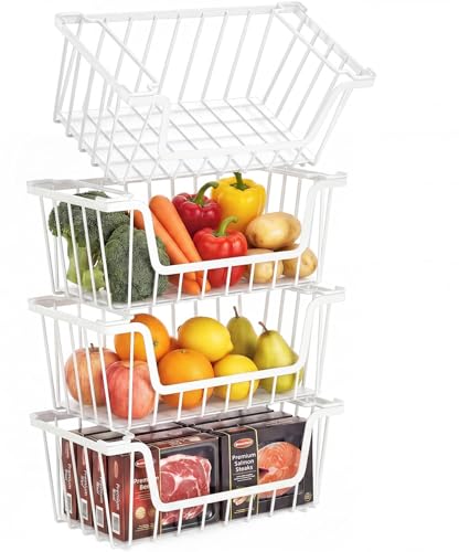 SUNALLY Stackable Storage Bins 4 Pcs Wire Baskets for Pantry Organizers and Storage, Vegetable Fruit Storage Basket for Countertop Organizer,Kitchen Baskets for Onion Potato Snack Cans Storage,White - color: White