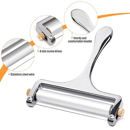 Sopito Stainless Steel Wire Cheese Slicer with 3 Extra Wires Adjustable Thickness, Handheld Cheese Block Cutter for Cheddar, Gruyere, Raclette, Mozzarella - color: Silver
