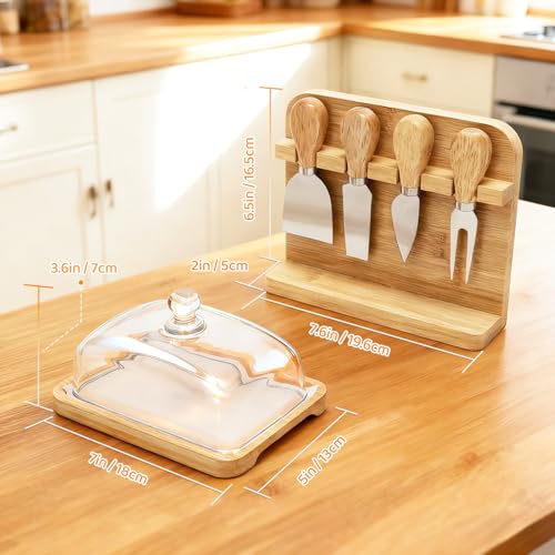 Butter Dish with Lid and 4 Cheese Knives Set, Bamboo and Glass | Glass butter dish with bamboo lid, 4 cheese knives included, 50 greaseproof paper sheets, Dishwasher safe, Easy to clean