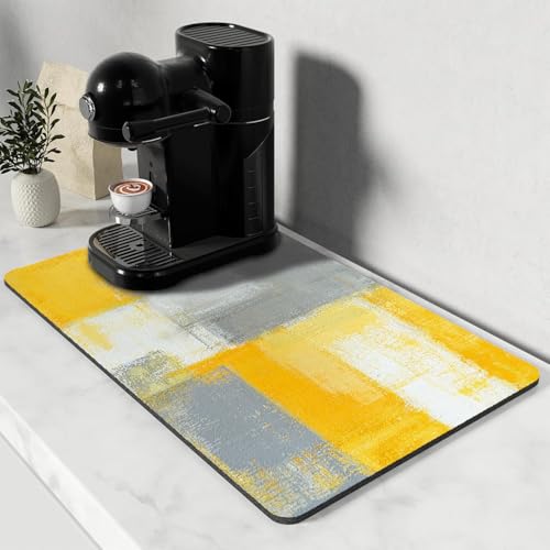 Dish Drying Mat for Kitchen Counter, Yellow and Grey White Abstract Art, Absorbent Quick Dry Pad with Rubber Backing, Dish Rack Pad for Dishes, Utensils, Countertops, Sinks 12" x 20 - color: Yellow and Grey White