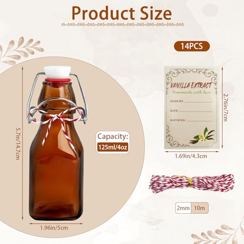 14 Pcs 4 oz Amber Swing Top Brown Square Glass Bottles with Caps Sticker and Cotton Twines Flip Top Glass Bottle for Home Tea Vanilla Extract Beer Brew Oil Supply