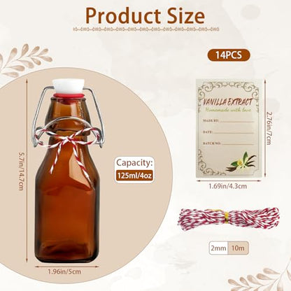 14 Pcs 4 oz Amber Swing Top Brown Square Glass Bottles with Caps Sticker and Cotton Twines Flip Top Glass Bottle for Home Tea Vanilla Extract Beer Brew Oil Supply